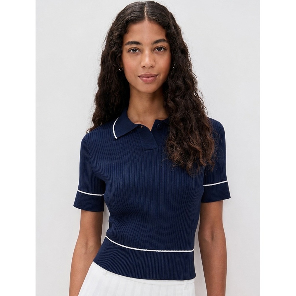 RHONE Navy Blue Birdie Ribbed Polo Short Sleeve Sweater Preppy Golf Athleisure M